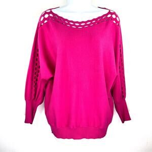 MILLY Hot Pink Sweater Top Size 14 / 16 Boat Neck‎ Laser Cut Long Dolman Sleeve
